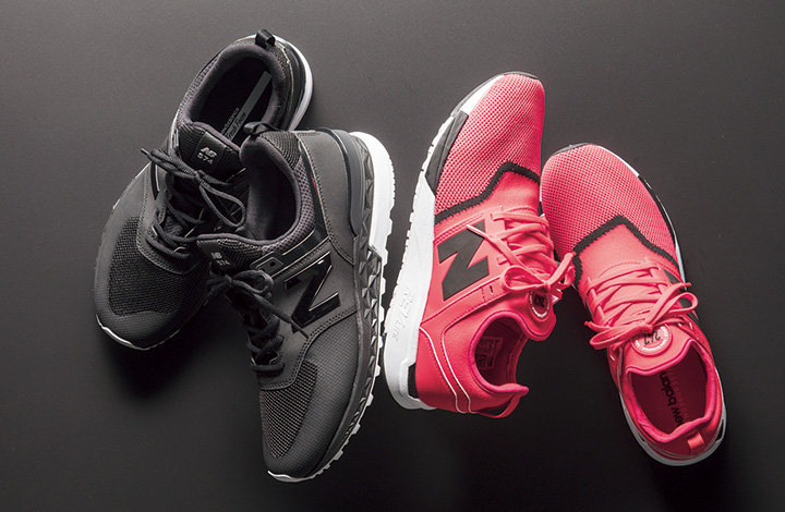 <strong>10.NEW BALANCE</strong>［ニューバランス］（計10名）<br />シンセティックレザーとメッシュを使ったモノトーンスタイルが魅力の574S（左）と、メッシュを独創的なアッパーデザインに仕立てたMRL247（右）。どちらも昨今のスポーツカジュアルスタイルに程よくハマる一足。ニューバランスとともに、ビギンも走り続けます！<br />色はともに写真の色のみ。サイズは25cm、26cm、26.5cm、27cm、27.5cm、28cm、29cm からお選びください。