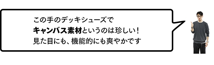 この手のデッキシューズでキャンバス素材というのは珍しい！　見た目にも、機能的にも爽やかです