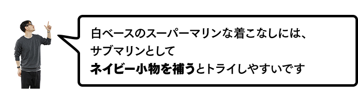 白ベースのスーパーマリンな着こなしには、サブマリンとしてネイビー小物を補うとトライしやすいです