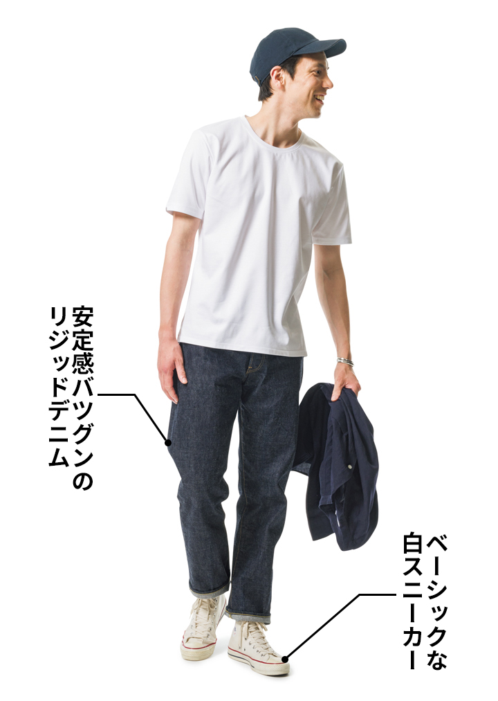 アールイー メイド イン トーキョー ジャパンタックのＴシャツをカジュアルアップして着こなすモデル画像