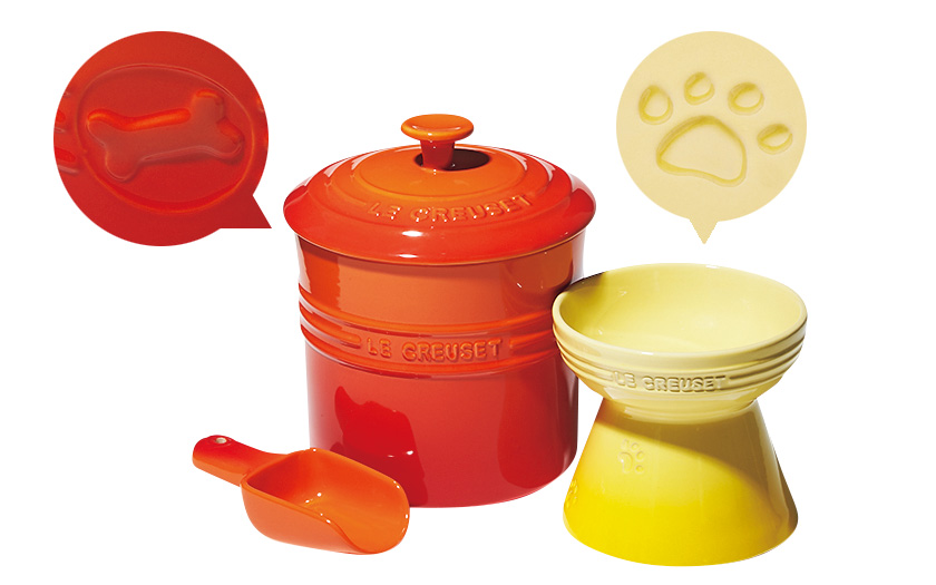 LE CREUSET／ル・クルーゼのハイスタンド・ペットボール（右）、ペットフード・コンテナー（左）