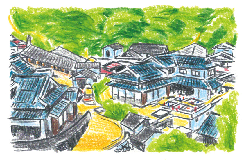 大分県日田市　山あいの里山　イラスト画