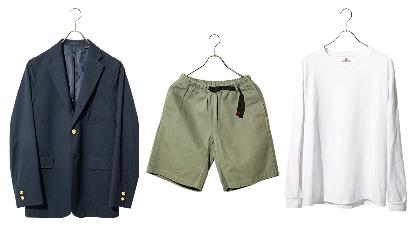 BEAMS PLUS ビームス プラス 紺ブレ、GRAMICCI グラミチ ショーツ、HANES ヘインズ ロンＴ