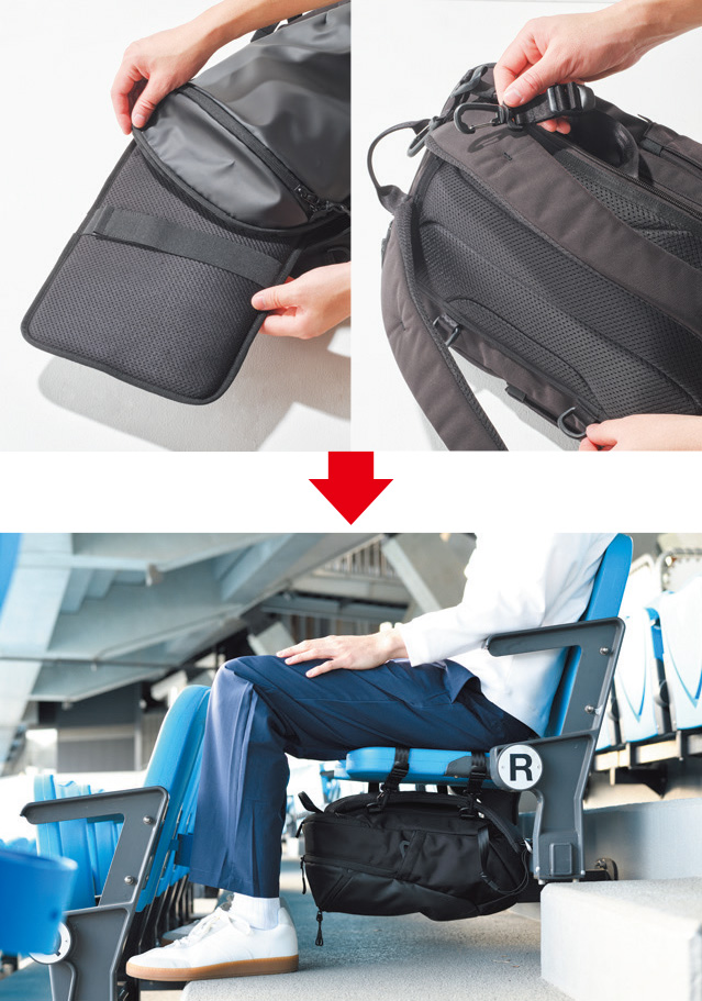 クッションとストラップを取り出すと座面はフカフカ、鞄はシートに吊るせる