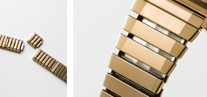 押して引っ張るだけ簡単にコマを外せる伸縮蛇腹ブレス