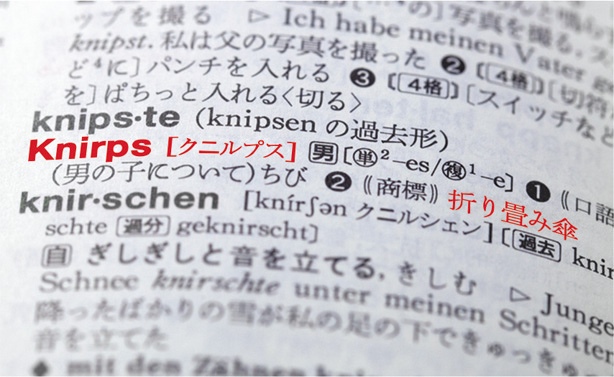 ドイツ語の辞書では「Knirps= 折りたたみ傘」と表記